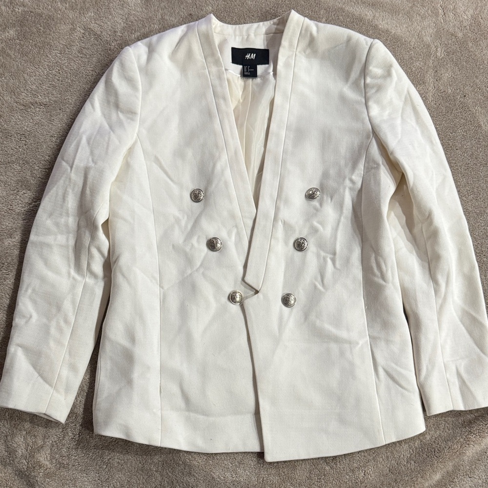 H&M Women's Off-White Double-Breasted Blazer with Silver Buttons